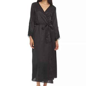 NWT Flora by Flora Nikrooz Stella Satin Venise Trim Robe - Black S/M